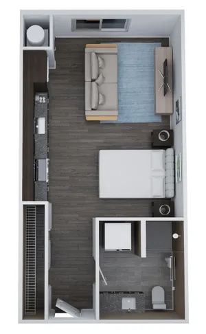 Modern floor plan of Unit AM1 featuring a cozy studio layout with open-concept living and sleeping area, functional kitchen, and stylish bathroom, 496 sq ft.