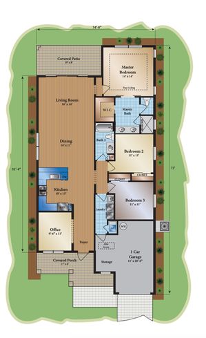 Charming floor plan showcasing a cozy layout with 3 bedrooms, spacious living and dining areas, modern kitchen, office space, and a covered patio.