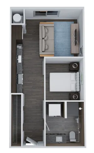 Modern 3D floor plan of Unit AM2, showcasing an inviting studio layout with an open living area, sleek kitchen, and a stylish bathroom, totaling 496 sq. ft.