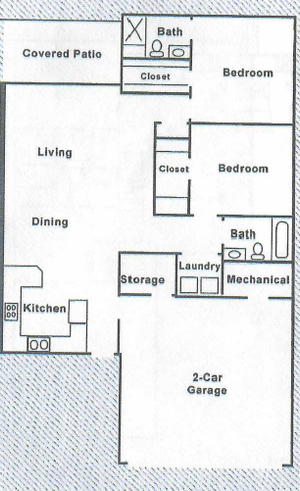 Modern 2D floor plan showcasing 2 bedrooms, open living and dining area, functional kitchen, covered patio, and a 2-car garage.