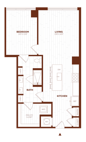 Modern 2D floor plan featuring a spacious bedroom, an inviting living room, sleek kitchen with island, and a convenient walk-in closet.