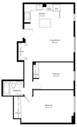 Inviting floor plan showcasing two bedrooms, a modern kitchen, spacious living room, and ample closet space. Perfect for comfortable living.
