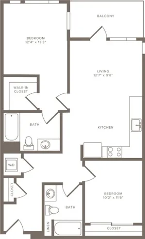 999 to 1008 square foot two bedroom two bath floor plan image
