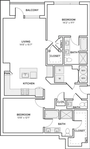 1,332 square foot two bedroom two and half bath floor plan image