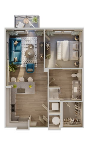 Elegant 2D floor plan showcasing a chic one-bedroom apartment with a modern open kitchen, cozy living area, stylish bathroom, and inviting balcony.