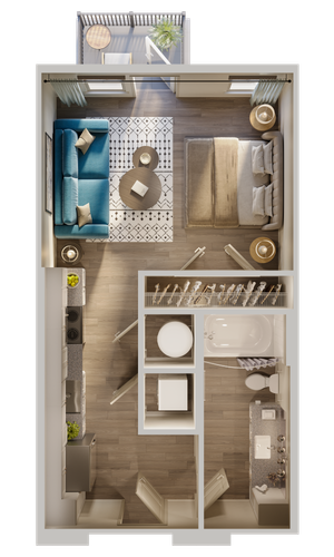 Chic floor plan showcasing a cozy 1-bedroom apartment with a stylish living area, modern kitchen, and compact bathroom, plus a charming balcony for relaxation.