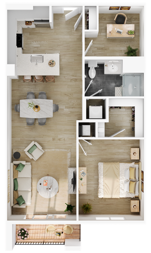 Detailed floor plan showcasing a modern 1-bedroom apartment with open-plan kitchen and living area and balcony.