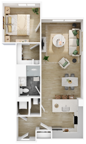 Modern floor plan featuring a spacious bedroom, open living and dining area, and a well-equipped kitchen.