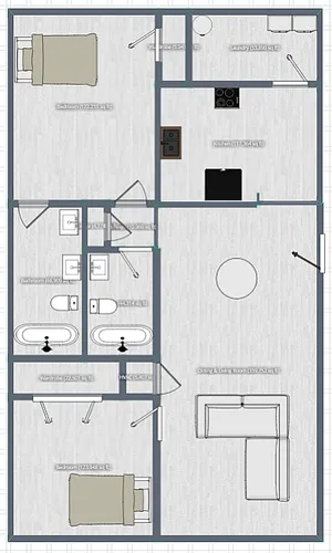 Elegant floor plan featuring 2 bedrooms, modern kitchen, open dining and living area, and dual bathrooms with stylish fittings.