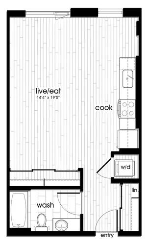 Contemporary studio apartment floor plan with open living and kitchen area, bathroom, and laundry in compact layout.