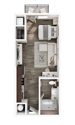 Modern studio apartment floor plan with a cozy bedroom, sleek kitchen, and stylish living area, complete with a balcony.