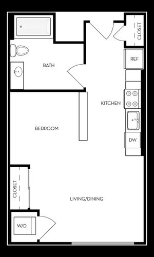 Modern studio apartment floor plan showcasing an open living and dining area, a well-equipped kitchen, cozy bedroom space, and convenient in-unit laundry.