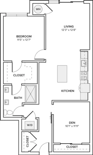 983 square foot one bedroom two bath with den apartment floorplan image