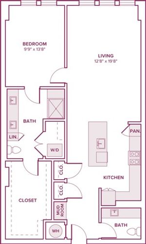 992 square foot one bedroom one bath apartment floor plan in Houston, TX