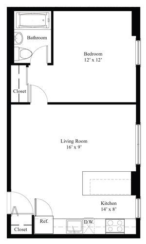Modern floor plan showcasing a spacious 1-bedroom apartment with a cozy living room, efficient kitchen, and stylish bathroom.