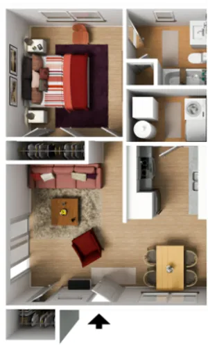 Charming apartment layout showcasing a cozy bedroom, modern bathroom, open-concept living area, and a sleek kitchen with dining space.