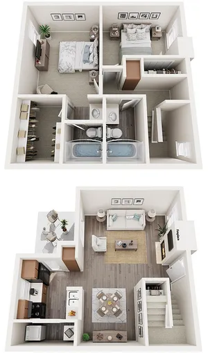 Townhome floor plan showcasing 2 bedroom with walk-in closet, modern kitchen, cozy living area, and elegant dining space.