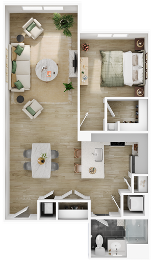 Contemporary floor plan with one bedroom, open living area, modern kitchen, and bathroom.