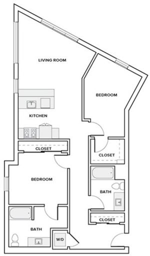 1128 to 1143 square foot two bedroom two bath apartment floor plan image in Redmond, WA
