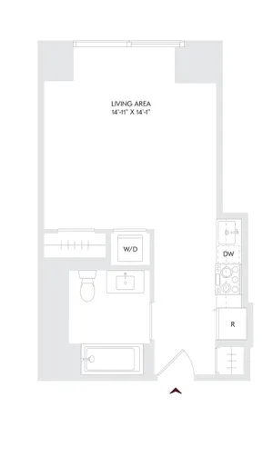 Contemporary studio apartment floor plan at Avira Residence 6, featuring an open living area, modern kitchen, and convenient washer/dryer setup, perfect for stylish city living on floors 10-23.