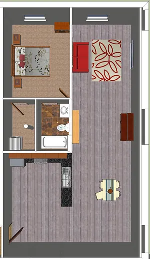 Contemporary open-concept floor plan with one bedroom, spacious living area, modern kitchen, and stylish bathroom.