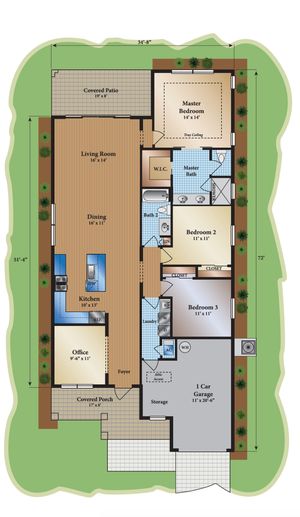 Elegant floor plan showcasing 3 bedrooms, a modern kitchen with dining area, and a cozy office, complete with a spacious living room and covered patio.