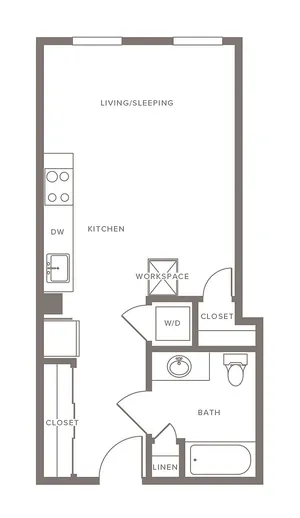 Chic studio apartment floor plan with open living/sleeping area, efficient kitchen, workspace, and modern bathroom.