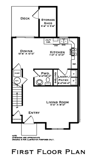 Inviting first floor plan featuring a spacious living room, modern kitchen, and cozy dining area, with convenient deck access and practical storage shed.