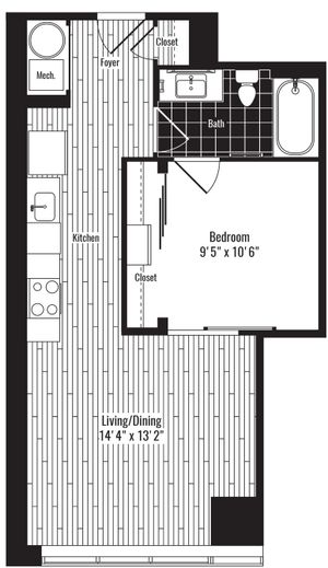 585 square foot one bedroom one bath apartment floorplan image