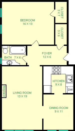 Bloomfield floorplan shows roughly 760 square feet with a bedroom, living room, kitchen, dining and bathroom.