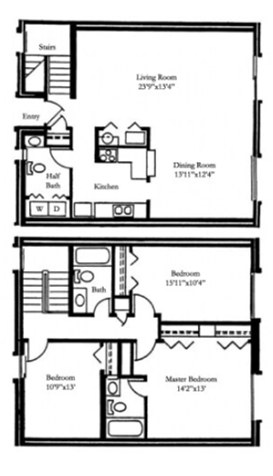 Chic two-story floor plan showcasing a spacious living room, dining area, and modern kitchen on the lower level with 3 comfortable bedrooms and 2.5 baths upstairs.