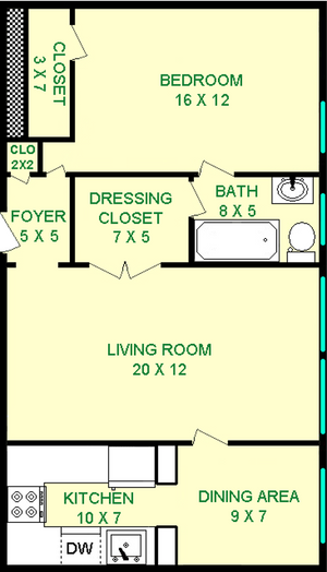 Goldenrod one bedroom floorplan shows roughly 720 square feet, with a bedroom, bathroom, and living room connected by a dressing closet. there is also a dining area, and a kitchen.