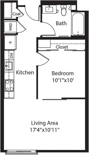 533 square foot one bedroom one bath apartment floorplan image