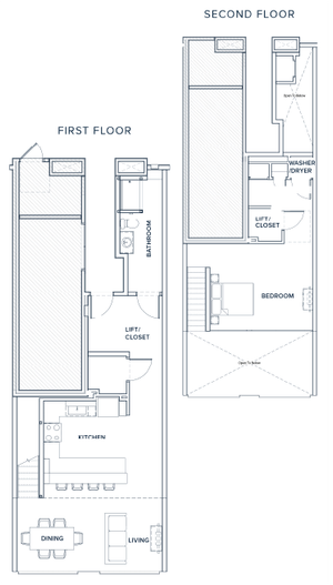 Modern two-story floor plan featuring a spacious living and dining area, sleek kitchen, convenient bathroom, and cozy bedroom with washer and dryer on the second floor.