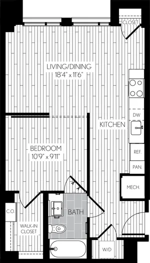 616 square foot one bedroom one bath apartment floorplan image