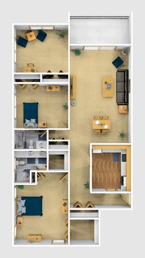 Two Bedroom Furnished 3D View
