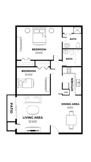 A black-and-white floor plan for a two-bedroom, two-bath apartment at Bradford Park Apartments. The layout shows a 12x13 living area connected to a private patio, a 9x11 dining area, and a galley-style kitchen with adjacent HVAC closet. The primary bedroom measures 10x13 and includes a connected bathroom. The second bedroom is 10x10 and sits near the second full bathroom. The plan includes standard furniture placeholders for scale and clearly labeled room dimensions.