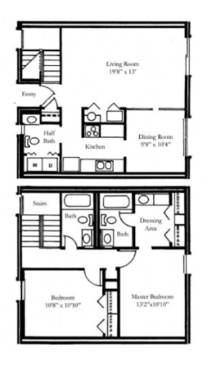 Contemporary duplex floor plan showcasing a spacious living room, modern kitchen, dining area, 1.5 baths, and two bedrooms with dressing areas.