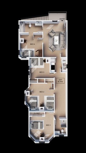 Modern 3D floor plan featuring four spacious bedrooms, open living area, and stylish kitchen. Ideal layout for families seeking comfort and style in urban apartments.