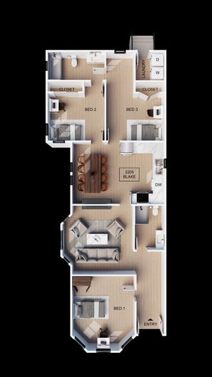 Modern floor plan of 2205 Blake featuring 3 bedrooms, spacious living room, dining area, and well-equipped kitchen with adjacent laundry room.