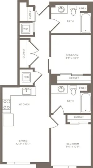877 to 957 square foot two bedroom two bath floor plan image