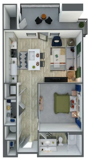 Modern 3D floor plan showcasing a stylish 1-bedroom apartment with spacious living room, open-concept kitchen, and private balcony.