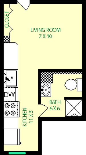 Pausch Studio floorpan shows roughly 185 square feet, with a living room, kitchen, bathroom, and a closet