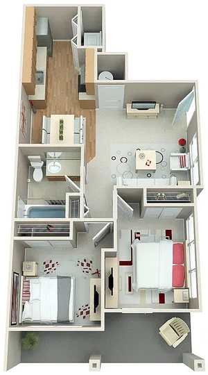 3D floor plan showcasing two bedrooms, a modern kitchen, and a bright living room.