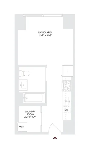 Modern studio floor plan highlighting an open living area, efficient kitchen with dishwasher, and a convenient laundry room, located on floors 10-23 of Avira in Philadelphia.