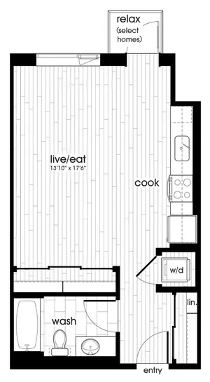 Floor plan of a modern studio apartment with kitchen, living area, bathroom, and balcony.