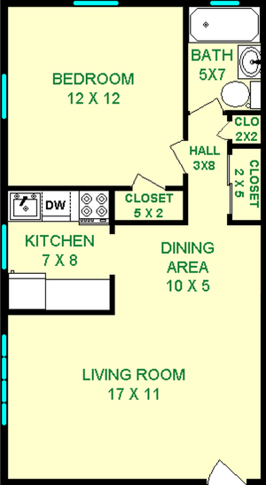 Poe One Bedroom floorplan shows roughly 558 square feet, with a living room, dining area, kitchen, hall, bedroom and bathroom