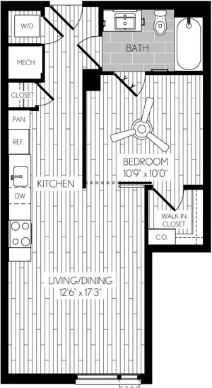 582 square foot one bedroom one bath apartment floorplan image