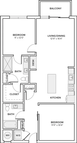 1059 square foot two bedroom two bath apartment floorplan image