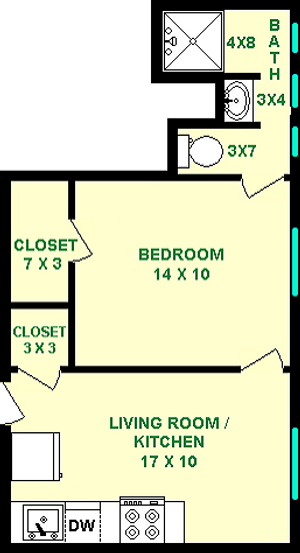 Bell One Bedroom floorplan shows roughly 395 square feet, with a living room/Kitchen, bedroom, bathroom and closets.